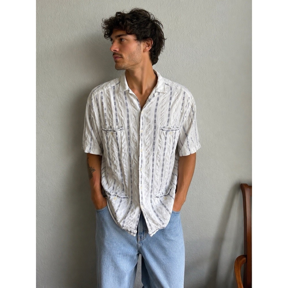 Vintage Mossimo Woven Needle Button Up Shirt Mens L White Cotton Y2K Surf Resort